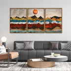 Golden Birds Flying Over Colorful Mountains Floating Canvas Wall Painting Set of Three DECORMANTRA