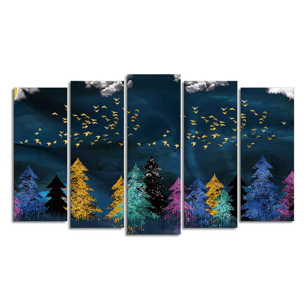 Golden Birds Flying over The Dark Forest Wall Painting of Five Pieces DECORMANTRA