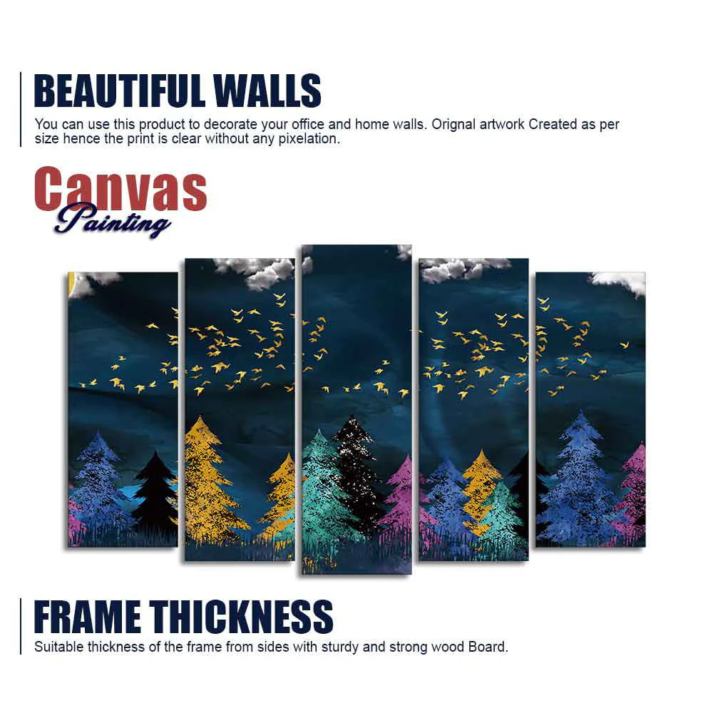 Golden Birds Flying over The Dark Forest Wall Painting of Five Pieces DECORMANTRA