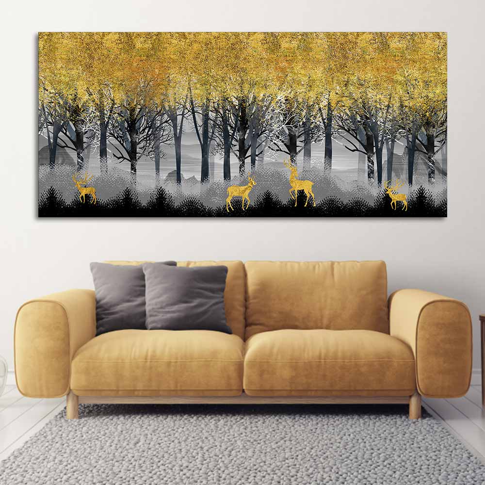 Golden Deer in Dark Forest Canvas Wall Painting DECORMANTRA