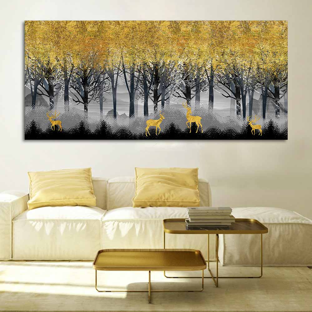 Golden Deer in Dark Forest Canvas Wall Painting DECORMANTRA