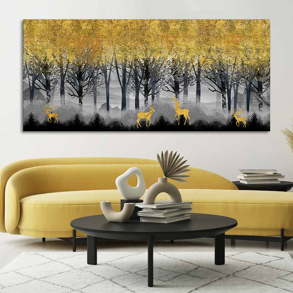 Golden Deer in Dark Forest Canvas Wall Painting DECORMANTRA