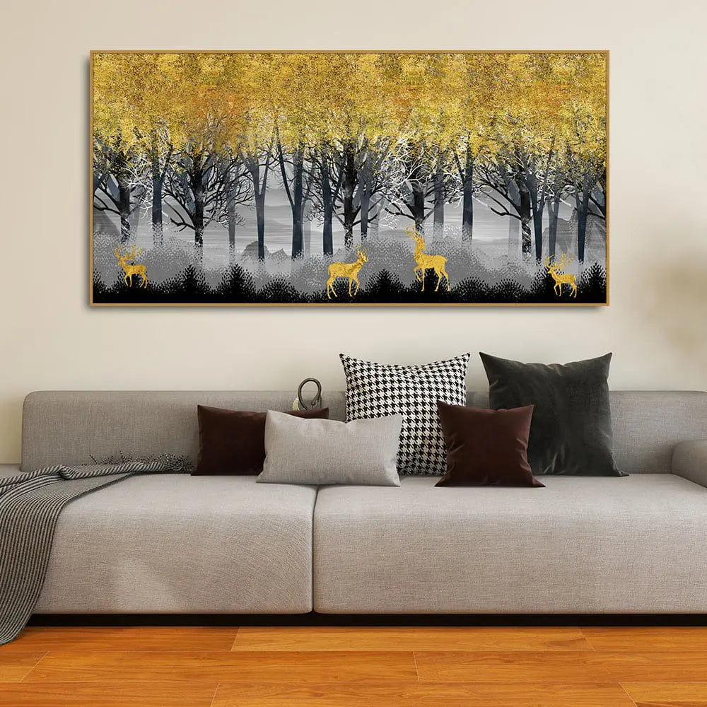 Golden Deers in Dark Forest Premium Canvas Wall Painting DECORMANTRA