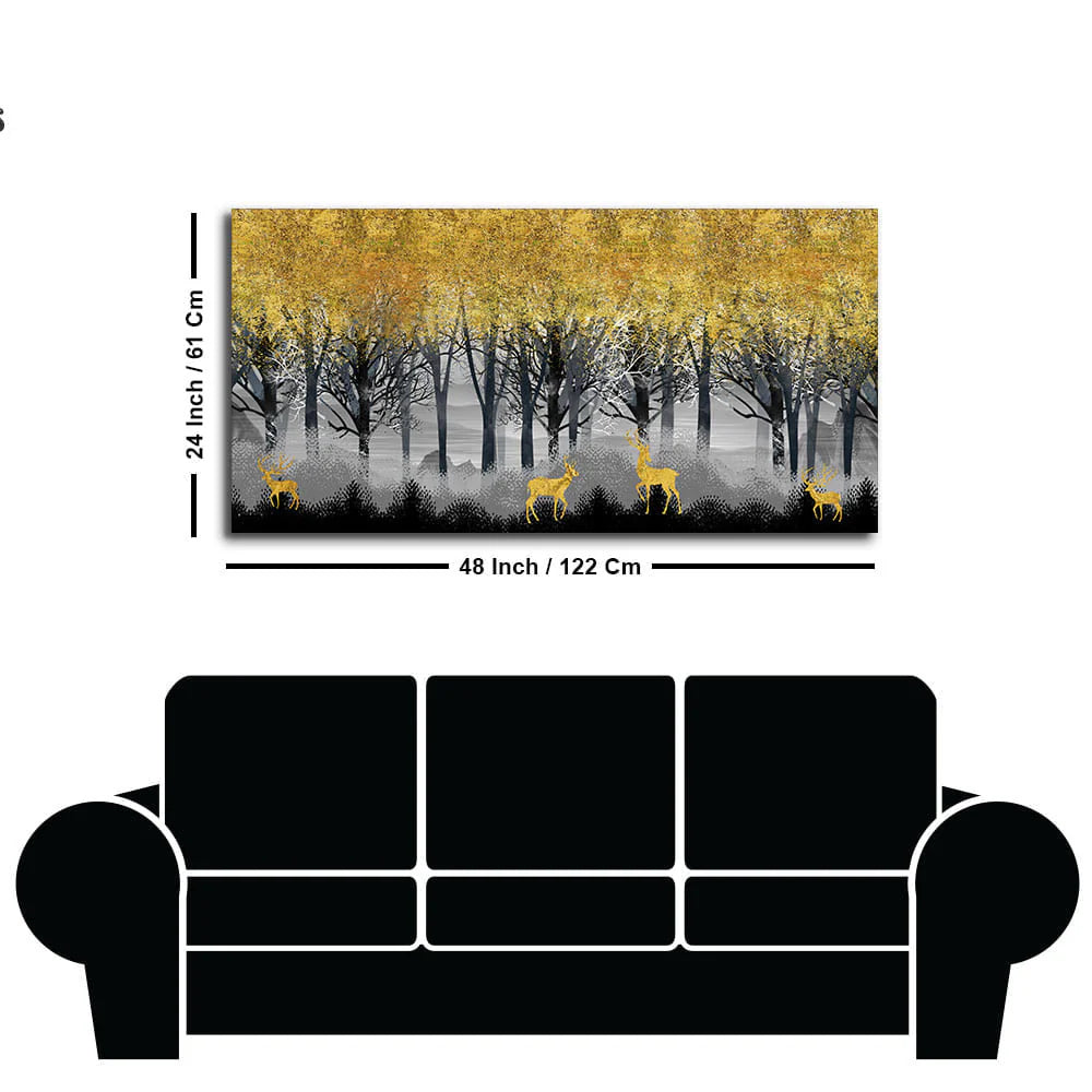 Golden Deers in Dark Forest Premium Canvas Wall Painting DECORMANTRA