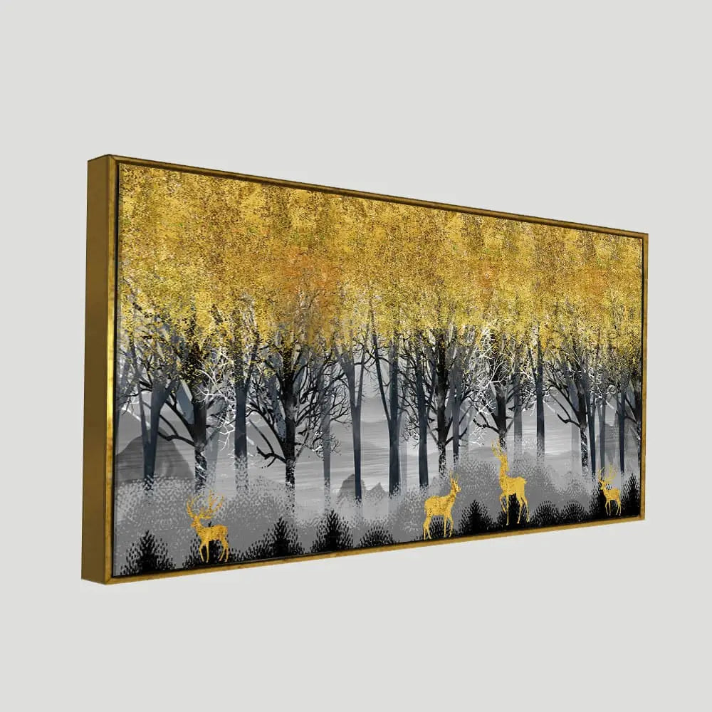 Golden Deers in Dark Forest Premium Canvas Wall Painting DECORMANTRA