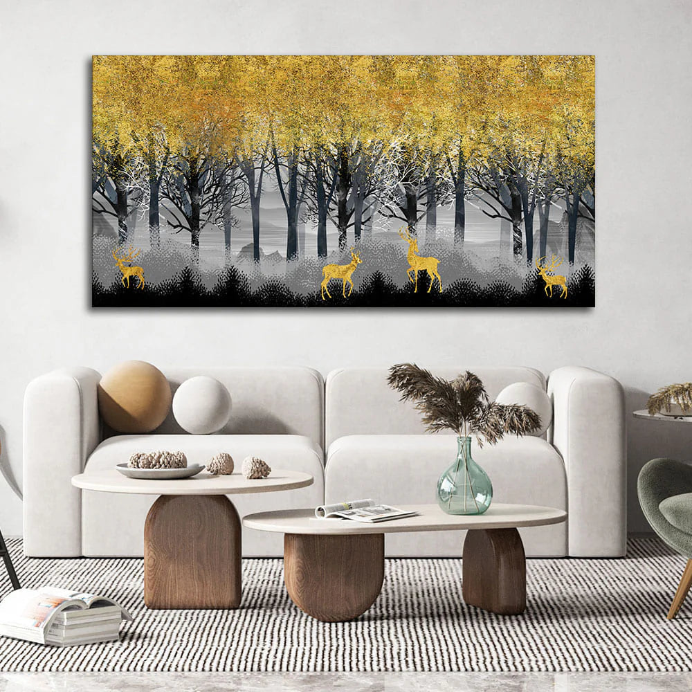 Golden Deers in Dark Forest Premium Canvas Wall Painting DECORMANTRA