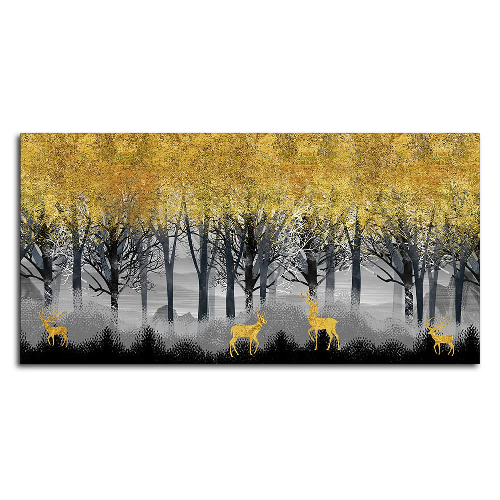 Golden Deers in Dark Forest Premium Canvas Wall Painting DECORMANTRA
