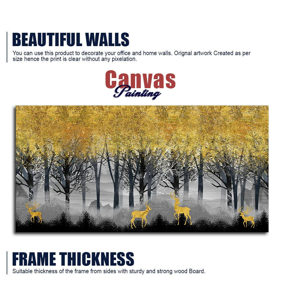 Golden Deers in Dark Forest Premium Canvas Wall Painting DECORMANTRA