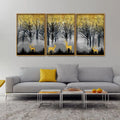 Golden Deers in Dark Forest Premium Floating Canvas Wall Painting Set of Three DECORMANTRA