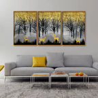 Golden Deers in Dark Forest Premium Floating Canvas Wall Painting Set of Three DECORMANTRA