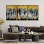 Golden Deers in Dark Forest Premium Floating Canvas Wall Painting Set of Three DECORMANTRA