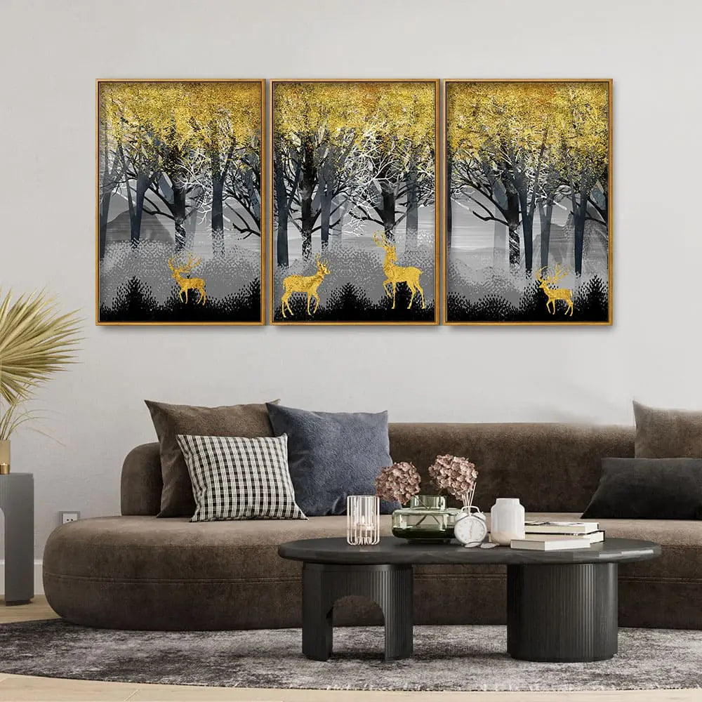 Golden Deers in Dark Forest Premium Floating Canvas Wall Painting Set of Three DECORMANTRA