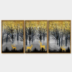 Golden Deers in Dark Forest Premium Floating Canvas Wall Painting Set of Three DECORMANTRA