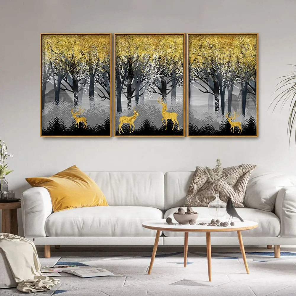 Golden Deers in Dark Forest Premium Floating Canvas Wall Painting Set of Three DECORMANTRA