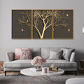 Golden Embossed Tree with Golden Birds Premium Floating Canvas Wall Painting Set of Three Decor Mantra