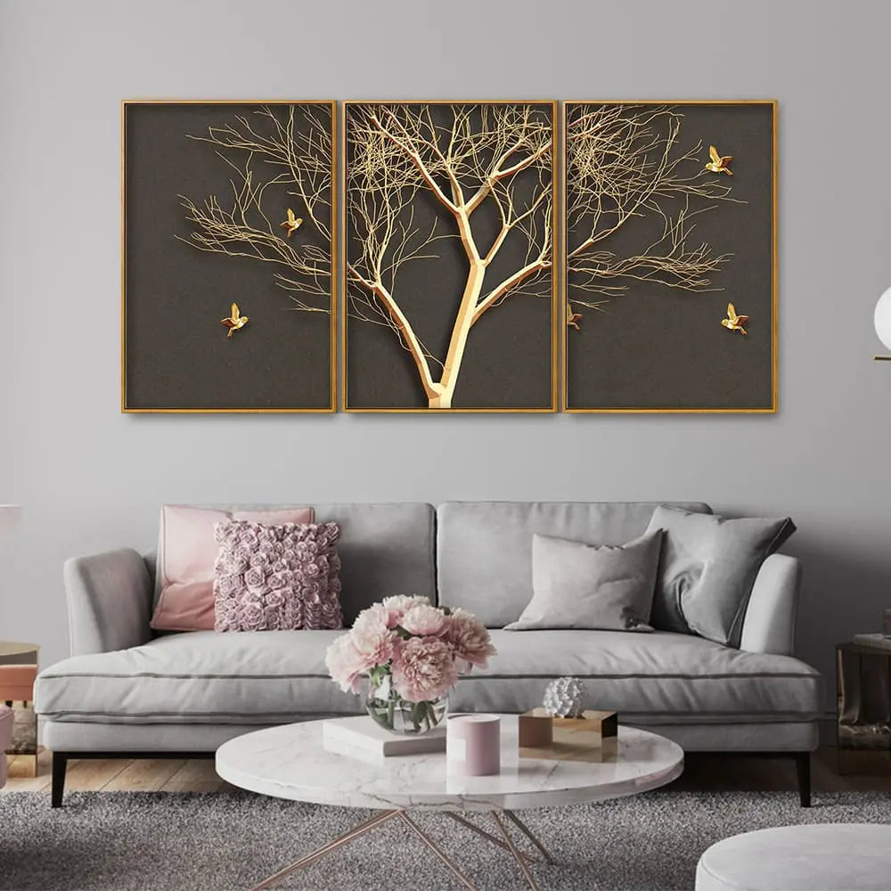 Golden Embossed Tree with Golden Birds Premium Floating Canvas Wall Painting Set of Three Decor Mantra