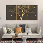 Golden Embossed Tree with Golden Birds Premium Floating Canvas Wall Painting Set of Three Decor Mantra