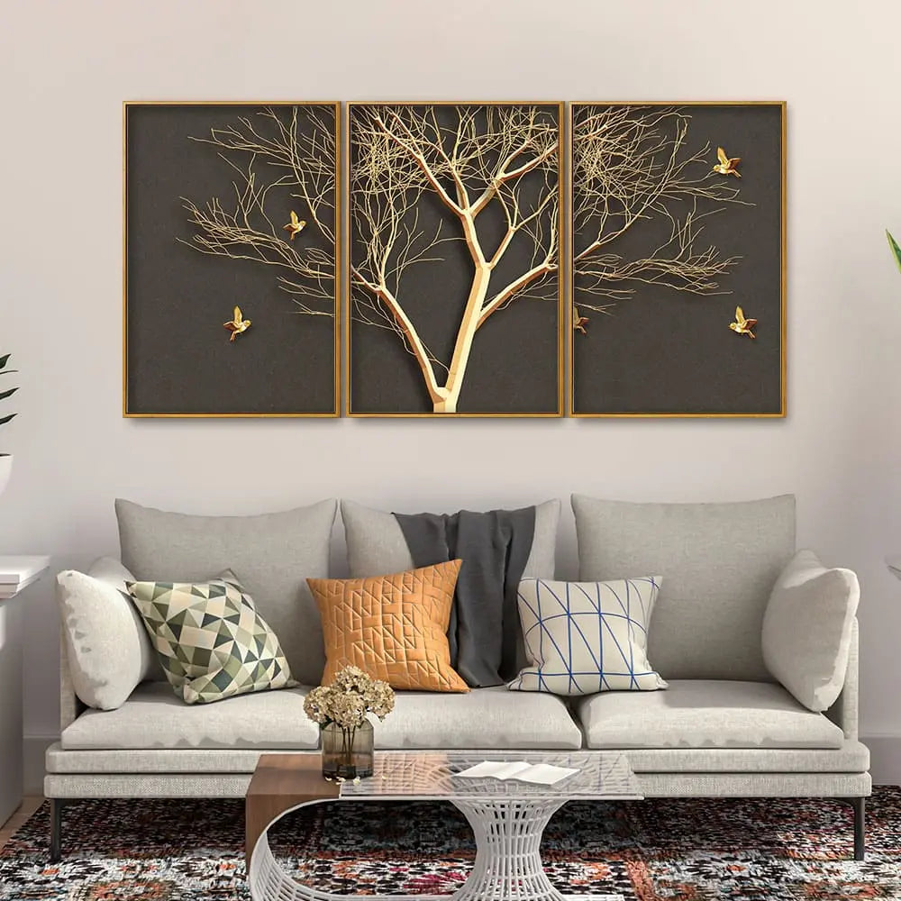 Golden Embossed Tree with Golden Birds Premium Floating Canvas Wall Painting Set of Three Decor Mantra