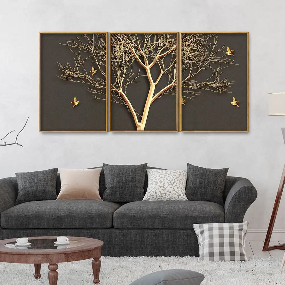Golden Embossed Tree with Golden Birds Premium Floating Canvas Wall Painting Set of Three Decor Mantra