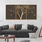 Golden Embossed Tree with Golden Birds Premium Floating Canvas Wall Painting Set of Three Decor Mantra