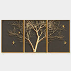 Golden Embossed Tree with Golden Birds Premium Floating Canvas Wall Painting Set of Three Decor Mantra
