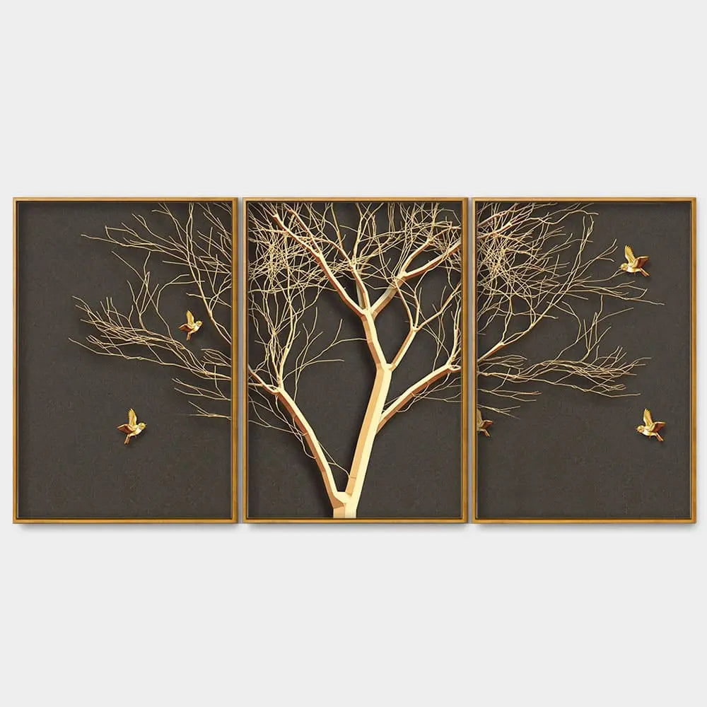 Golden Embossed Tree with Golden Birds Premium Floating Canvas Wall Painting Set of Three Decor Mantra