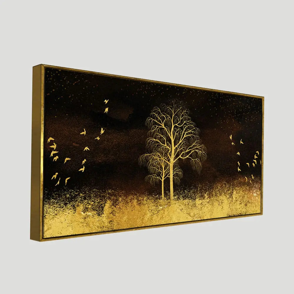 Golden Grass Trees with Birds in Dark Background Wall Painting Decor Mantra
