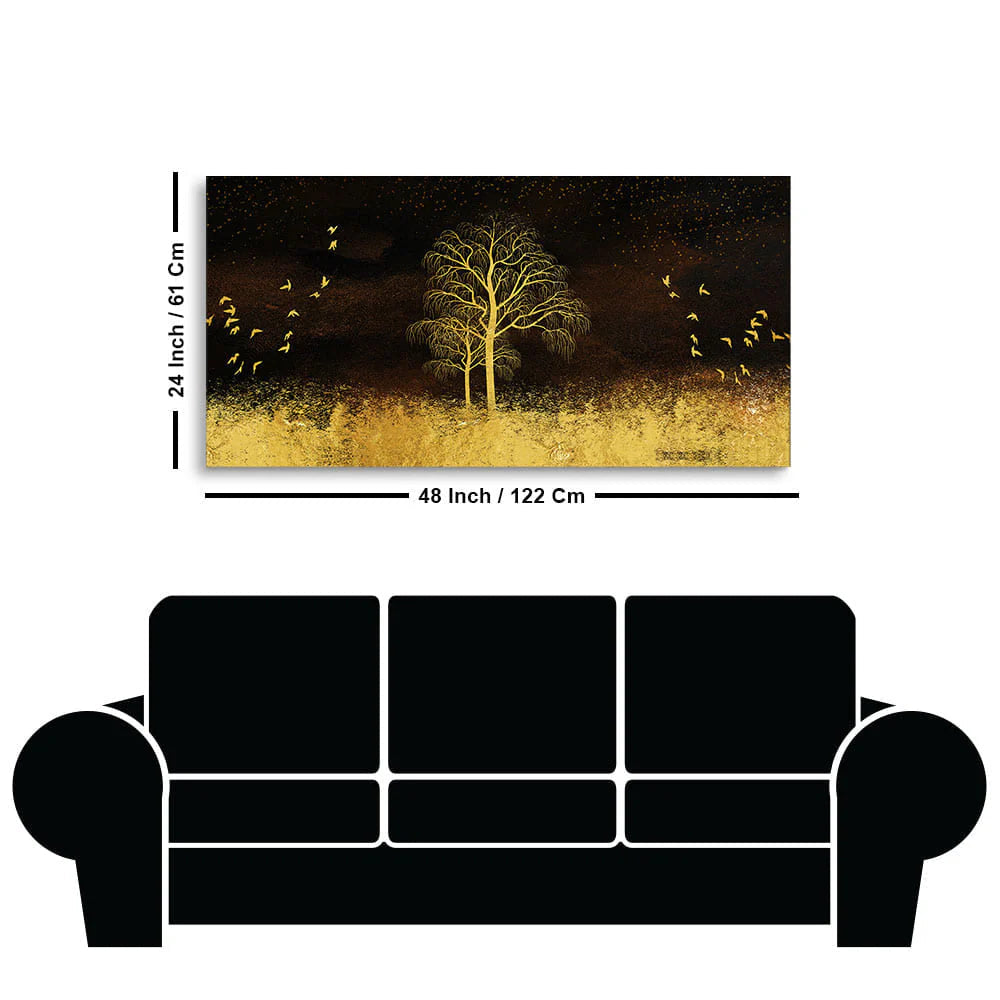Golden Grass Trees with Birds in Dark Background Wall Painting Decor Mantra