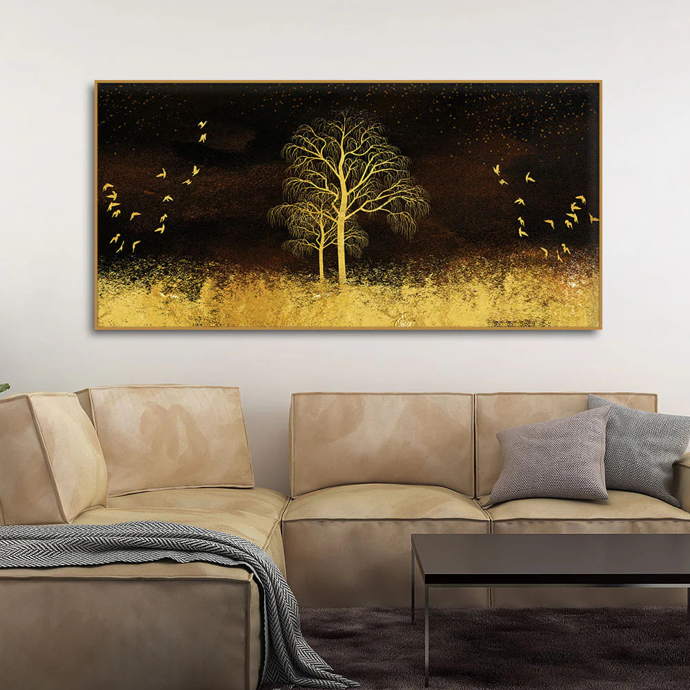 Golden Grass Trees with Birds in Dark Background Wall Painting DECORMANTRA