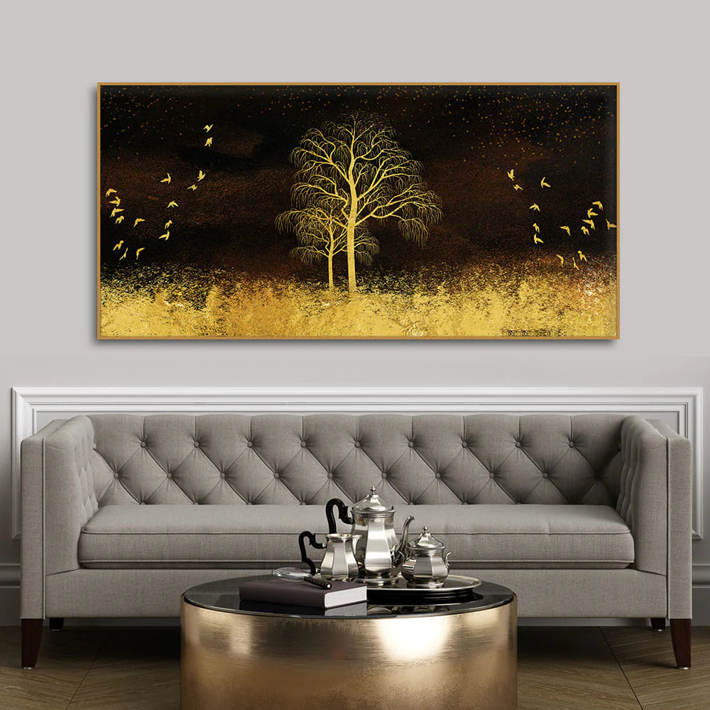 Golden Grass Trees with Birds in Dark Background Wall Painting DECORMANTRA