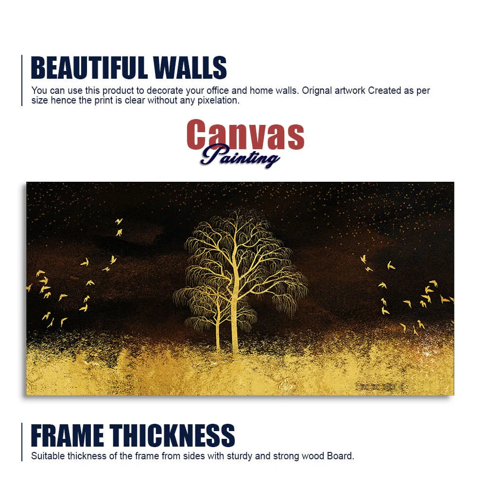 Golden Grass Trees with Birds in Dark Background Wall Painting Decor Mantra