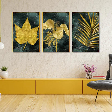 Golden Leaves Floating Canvas Wall Painting Set of Three - Decor Mantra 