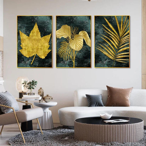 Golden Leaves Floating Canvas Wall Painting Set of Three - Decor Mantra 