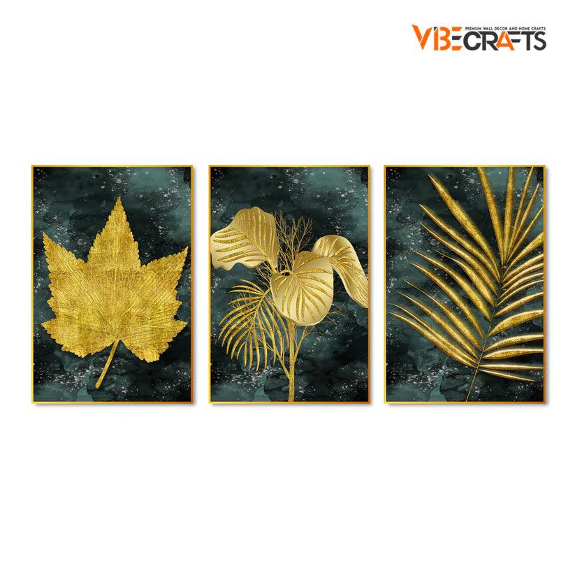 Golden Leaves Floating Canvas Wall Painting Set of Three - Decor Mantra 