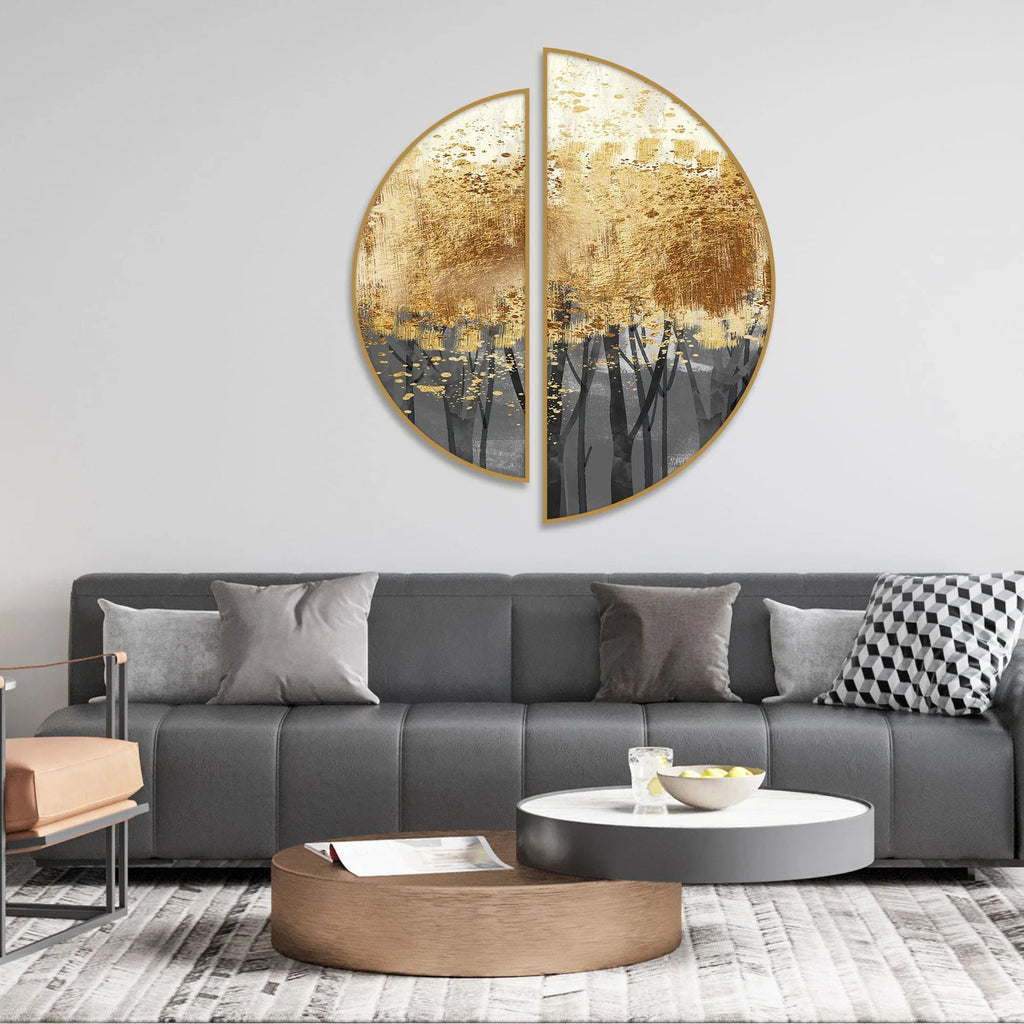 Golden Metallic Forest Art Semi Circle Frames Set Of 2 Decor Mantra