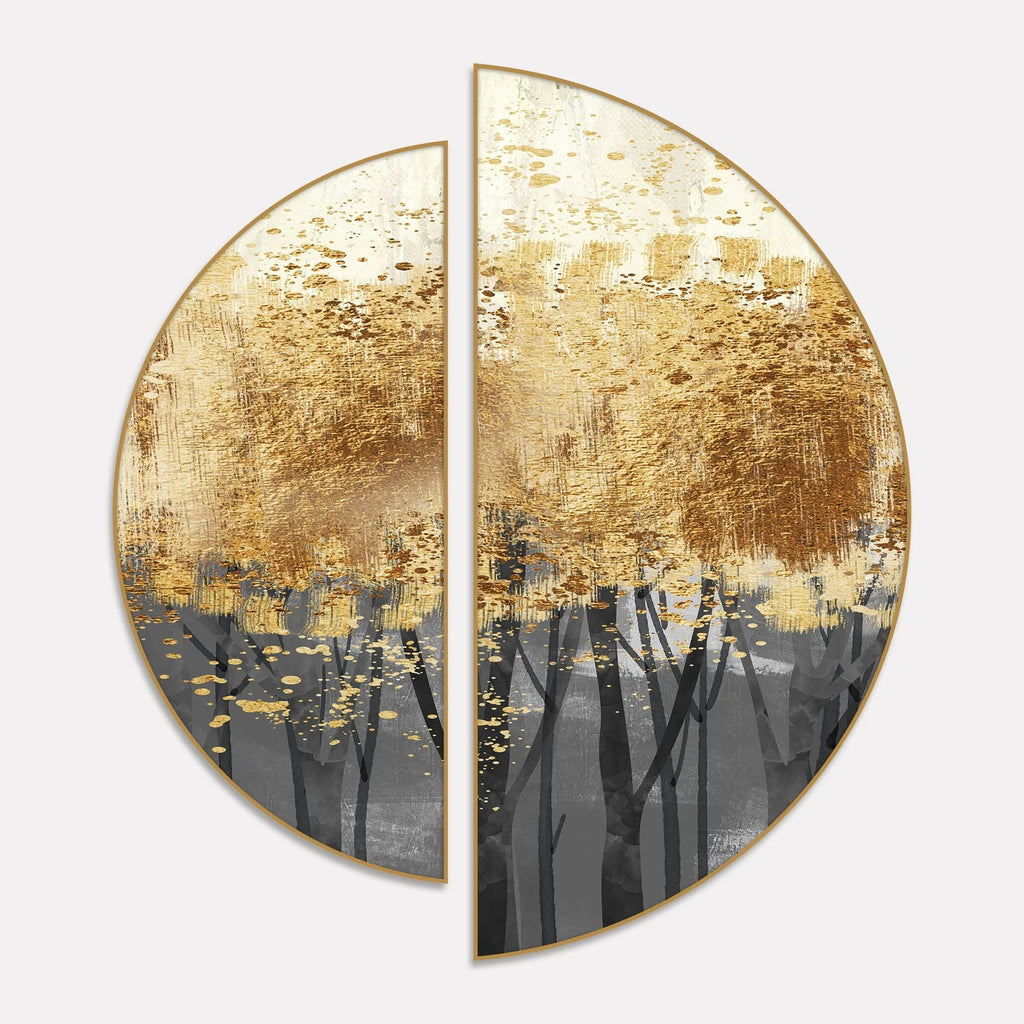 Golden Metallic Forest Art Semi Circle Frames Set Of 2 Decor Mantra