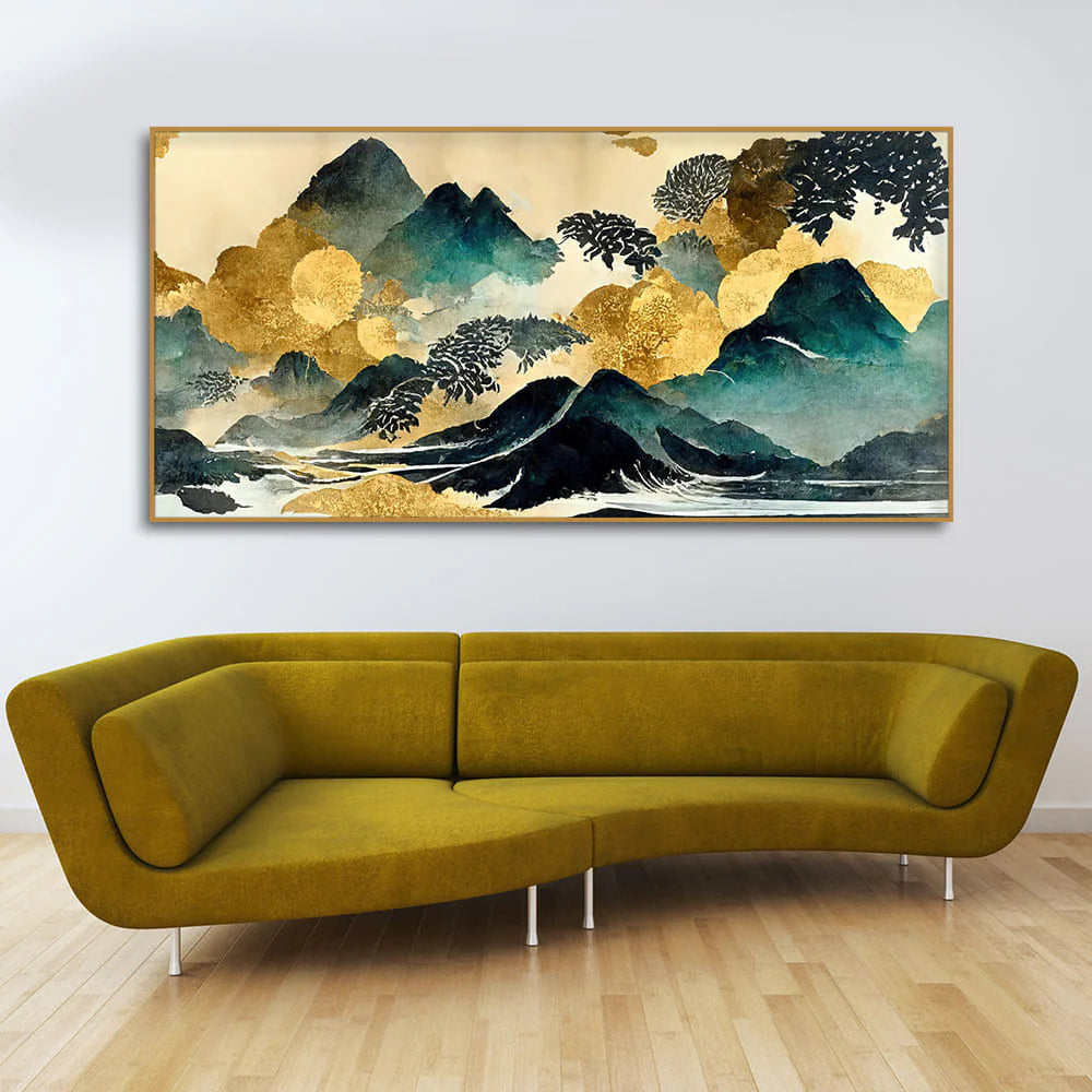 Golden Mountain Scenery of Mount Fuji Premium Canvas Wall Painting DECORMANTRA