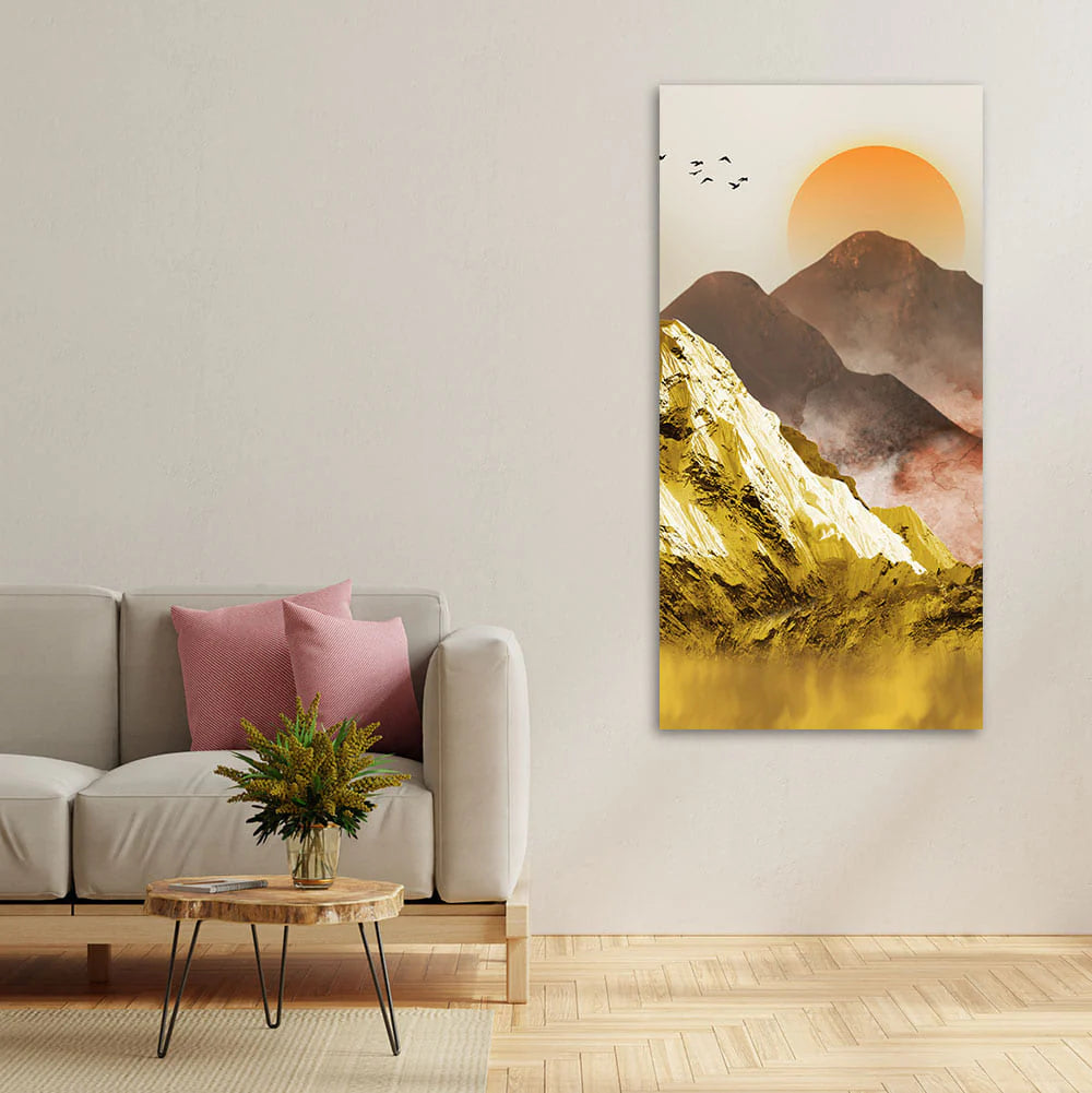 Golden Mountains and Birds Scenery Canvas Wall Painting Decor Mantra