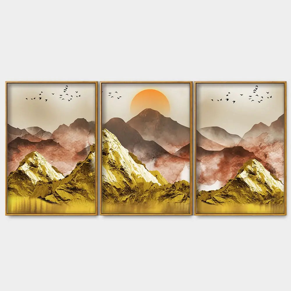 Golden Mountains and Birds Scenery Floating Canvas Wall Painting Set of Three DECORMANTRA