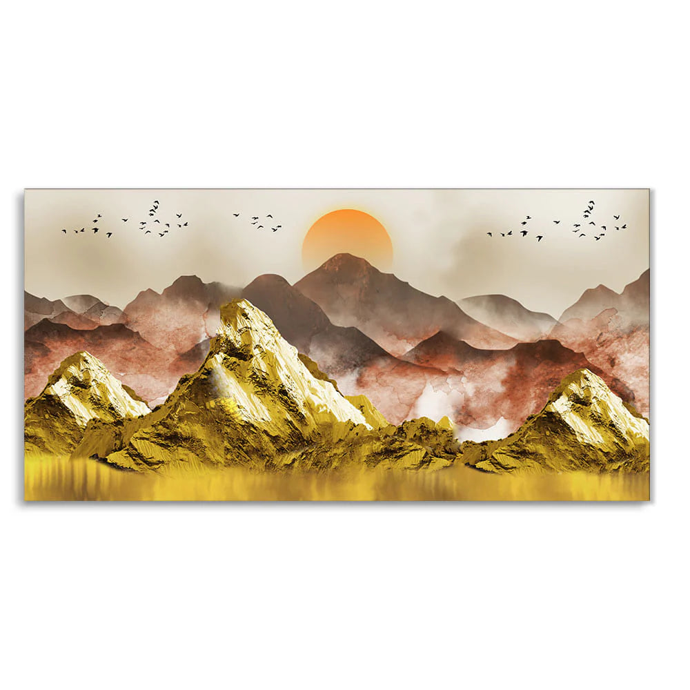 Golden Mountains and Birds Scenery Premium Canvas Wall Painting DECORMANTRA