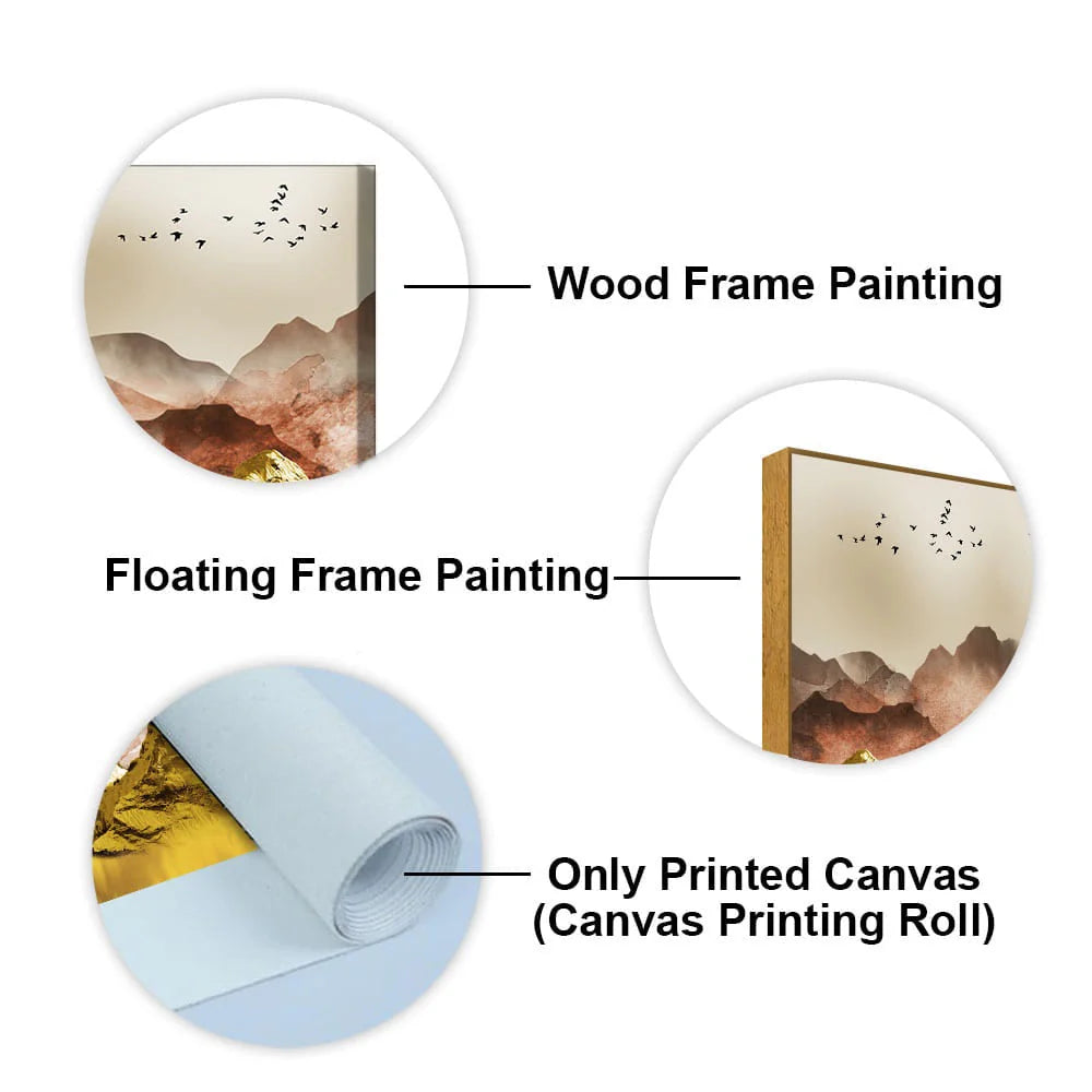 Golden Mountains and Birds Scenery Premium Canvas Wall Painting DECORMANTRA