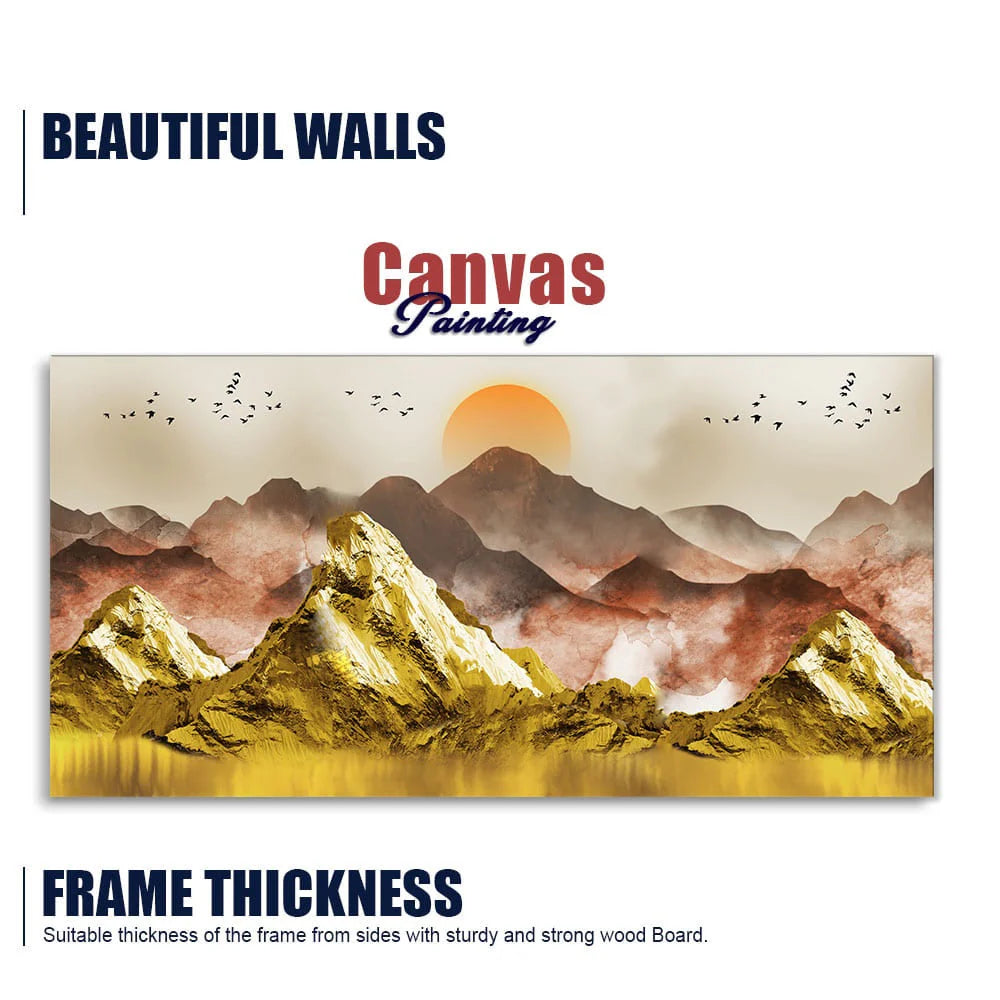 Golden Mountains and Birds Scenery Premium Canvas Wall Painting DECORMANTRA