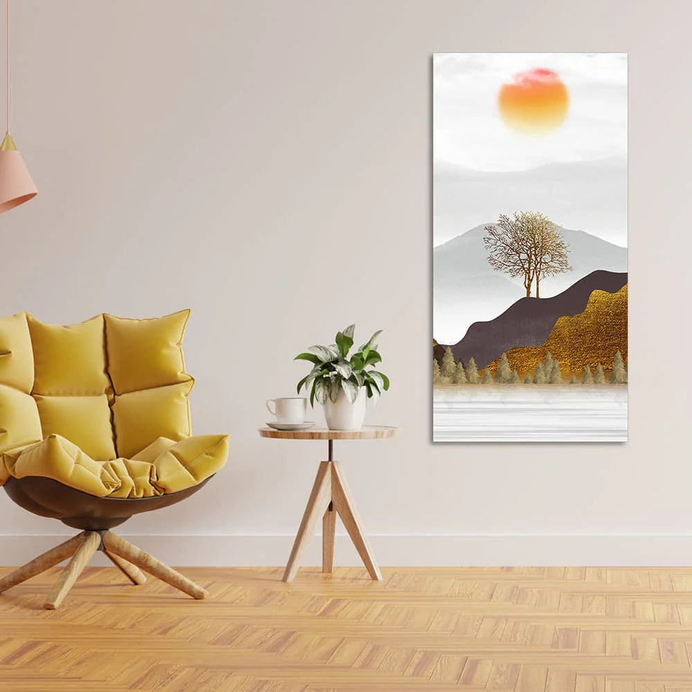 Golden Mountain with Beautiful Sunrise Premium Canvas Wall Painting DECORMANTRA