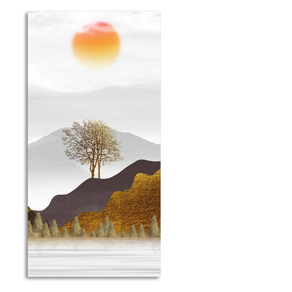 Golden Mountain with Beautiful Sunrise Premium Canvas Wall Painting DECORMANTRA