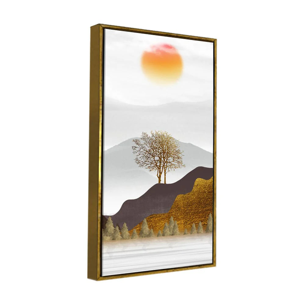 Golden Mountain with Beautiful Sunrise Premium Canvas Wall Painting DECORMANTRA