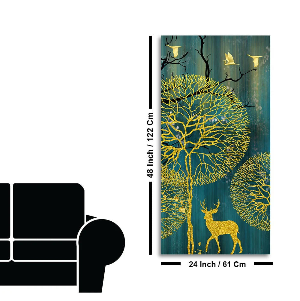 Golden Nightscape with Deer and Golden birds Canvas Wall Painting Decor Mantra