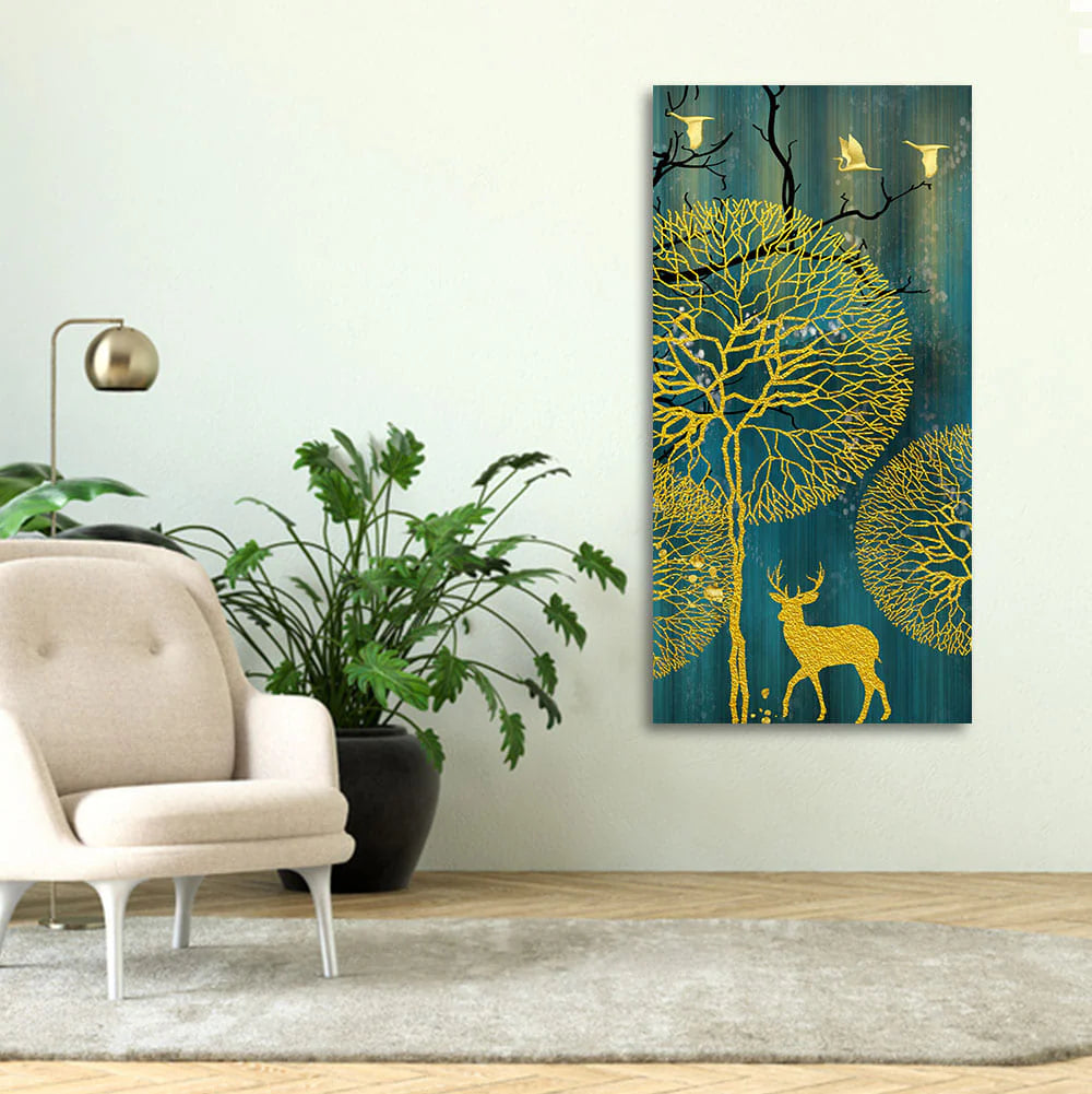 Golden Nightscape with Deer and Golden birds Canvas Wall Painting Decor Mantra