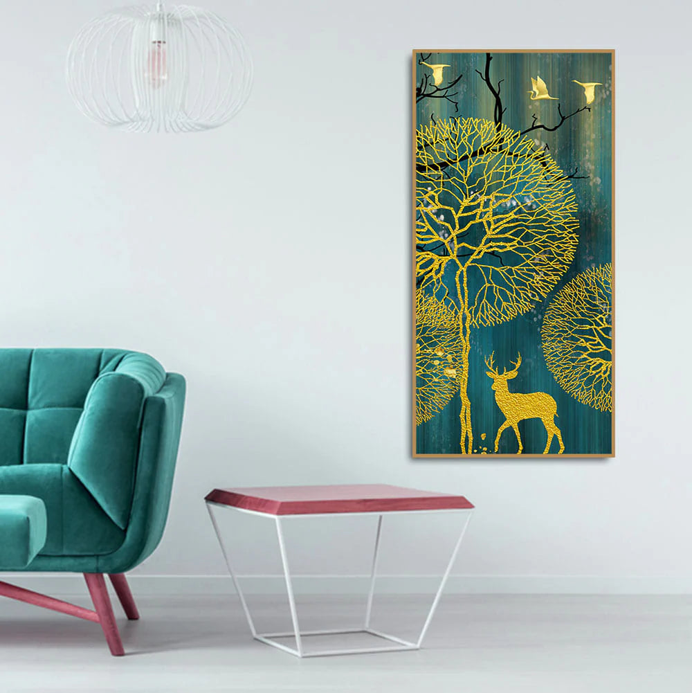 Golden Nightscape with Deer and Golden birds Canvas Wall Painting Decor Mantra
