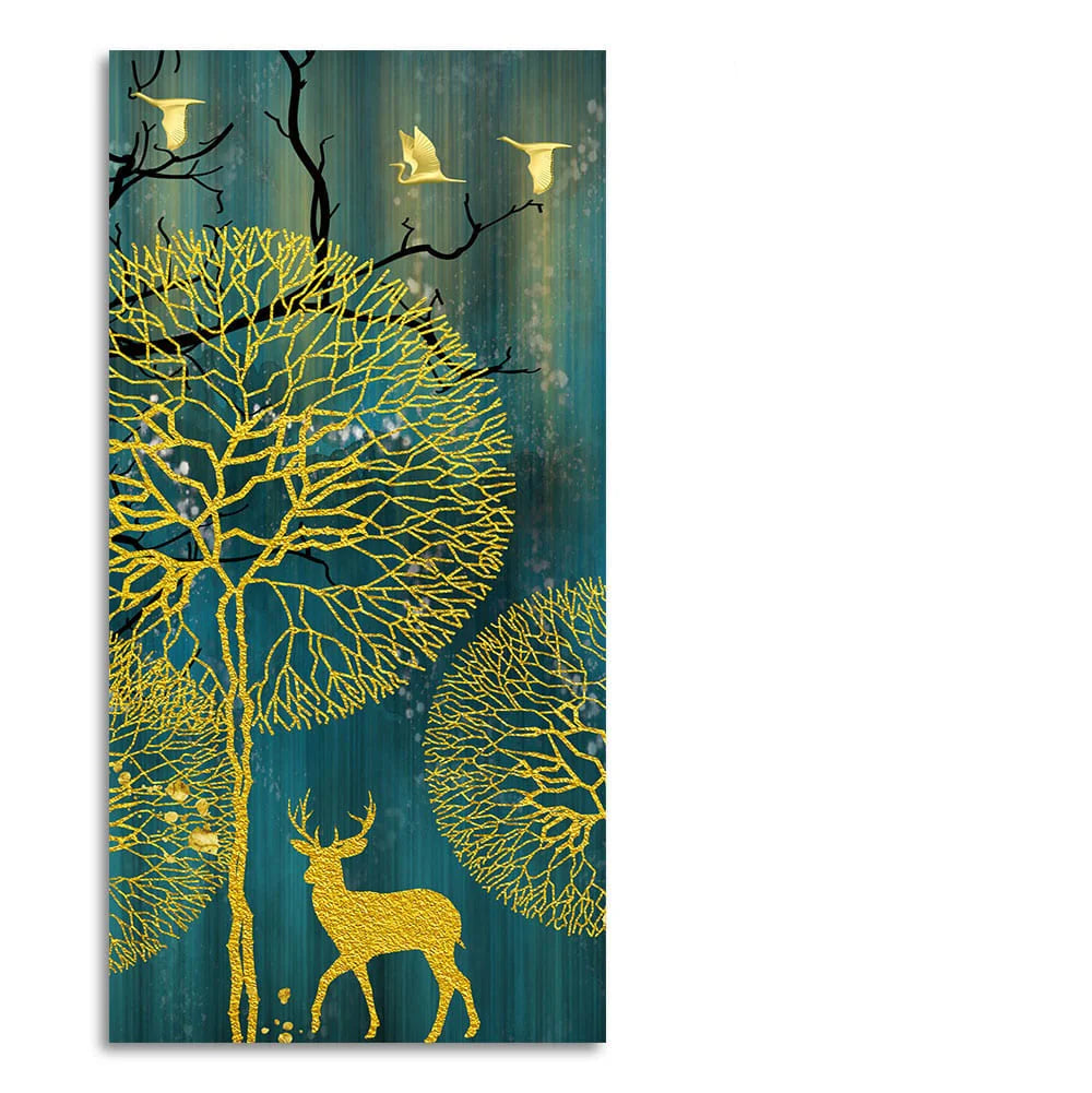 Golden Nightscape with Deer and Golden birds Canvas Wall Painting Decor Mantra