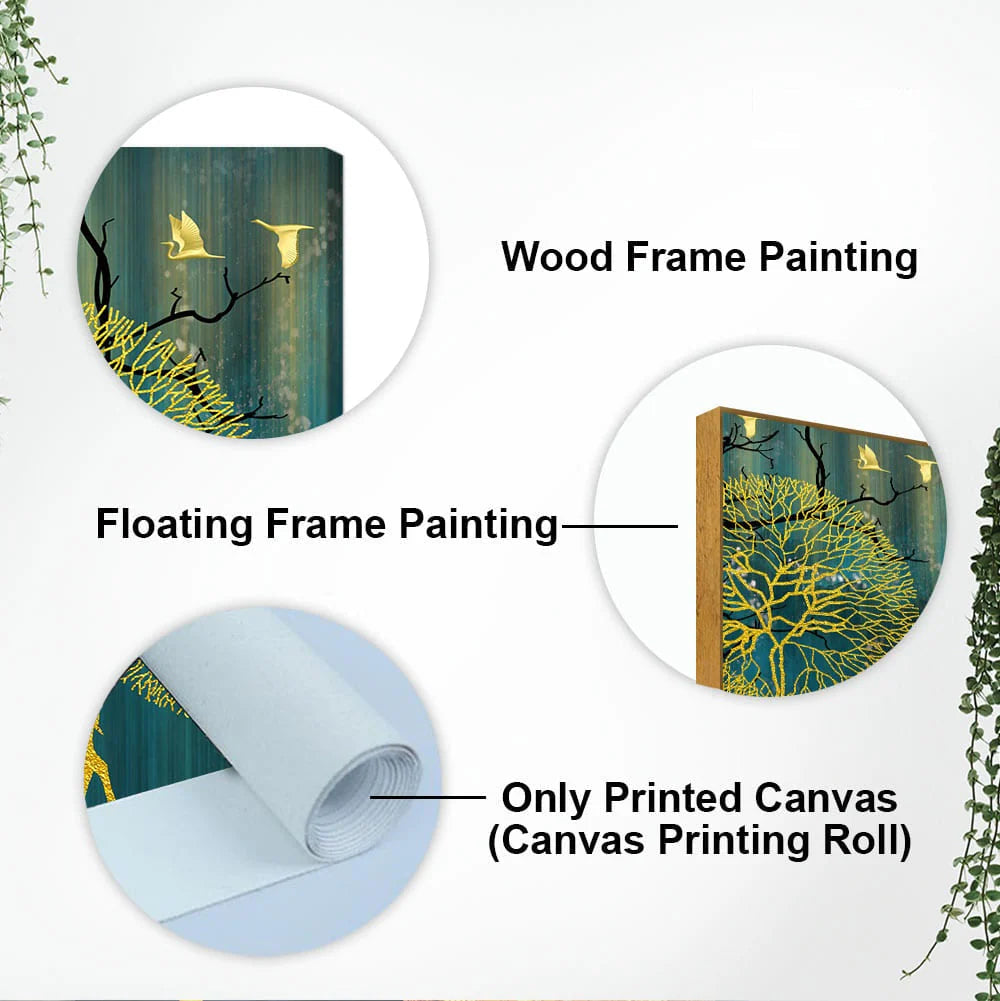 Golden Nightscape with Deer and Golden birds Canvas Wall Painting Decor Mantra